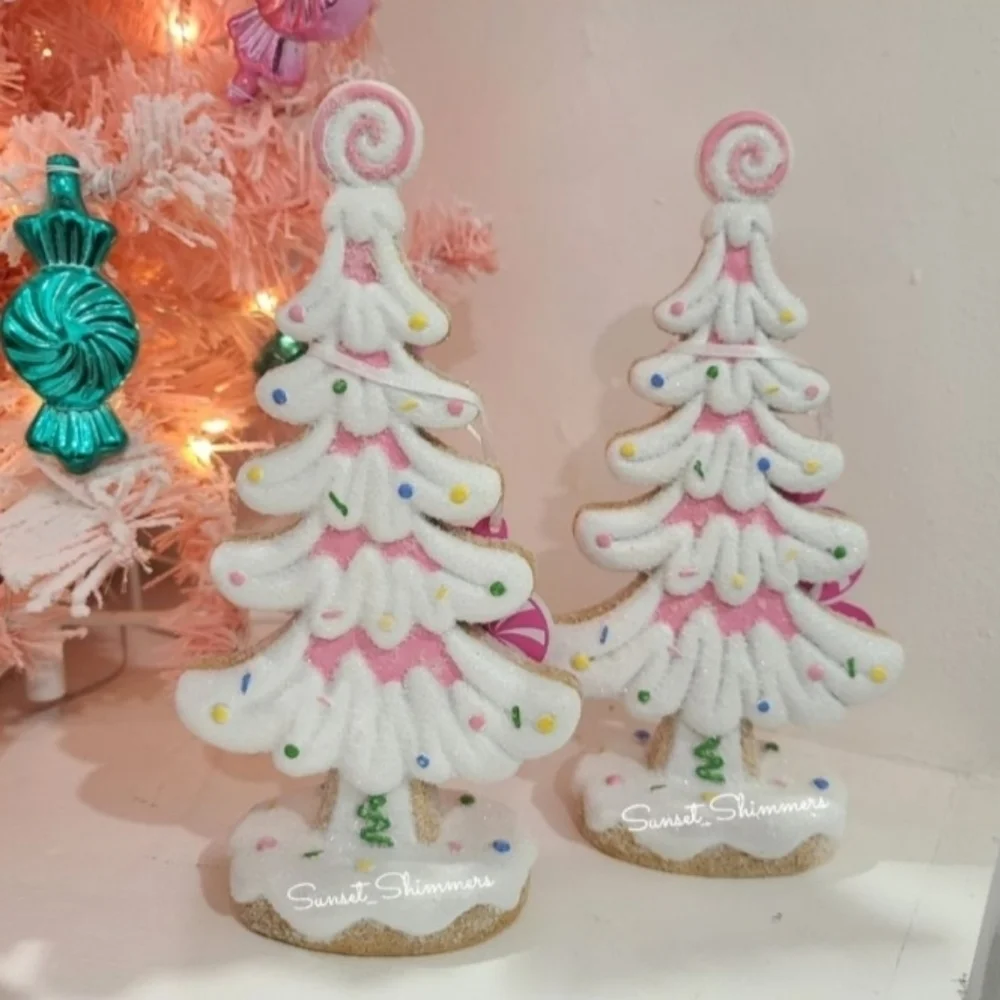 PEPPERMINT SQUARE Pink Gingerbread Cookie Christmas Tree Icing Frosted  Figure